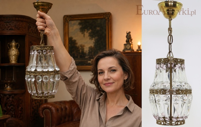 Mosiężny zwis sufitowy vintage ze szkłem kryształowym i naturalną patyną